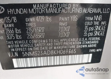 2019 Hyundai Santa Fe Se из США, поврежденный, VIN 5NMS23AD8KH069365